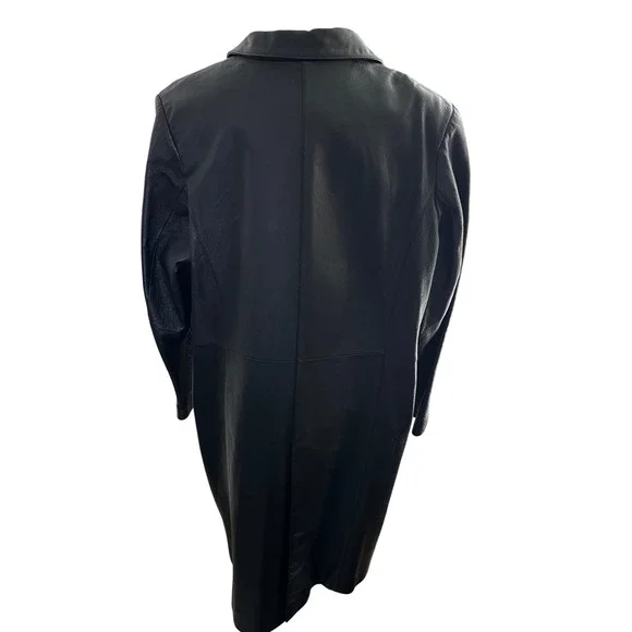 Minimalist Leather Trench‎ Coat Black Longline Lightweight Quiet Luxury Women L